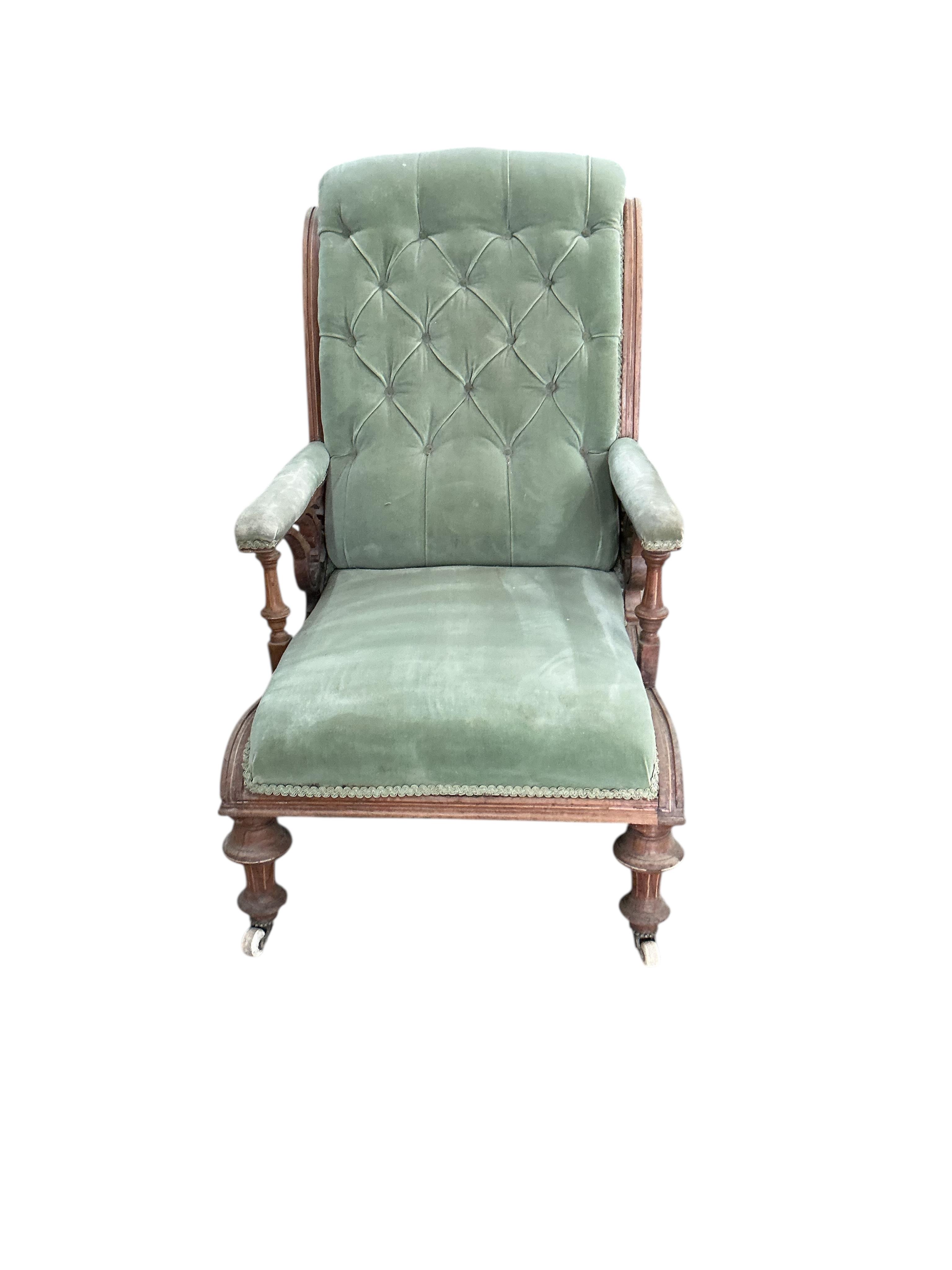 A late Victorian inlaid carved walnut armchair, width 58cm, depth 70cm, height 84cm